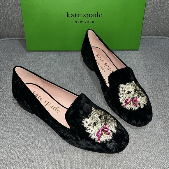 ♠️kate spade Lounge Whiskers Meow Cat Suede Loafers, Black Multi NIB - Picture 8 of 16